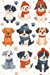 Obraz premium Seamless pattern of cute dogs in winter clothing with paw illustrations