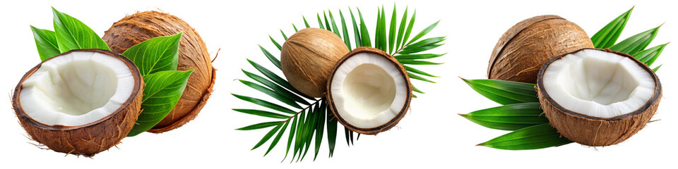 A beautiful arrangement of fresh coconuts and palm leaves, showcasing the vibrant inner flesh and natural textures.