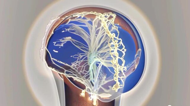 human head with brain. Head, brain lit up, neural connections, head tissues moving