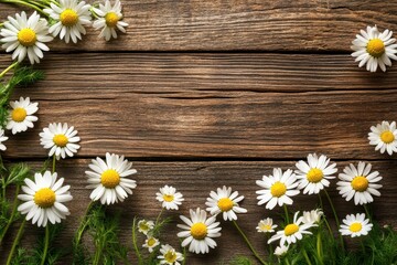 Obraz premium Flower Wood. Beautiful Floral Frame on Wooden Background with Garden Flowers