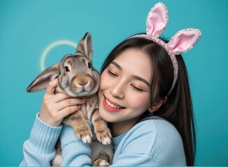 Joyful young woman in oversized lavender sweatshirt and cream shorts cuddles white spotted rabbit wearing pink bunny ears headband turquoise backdrop stock photo