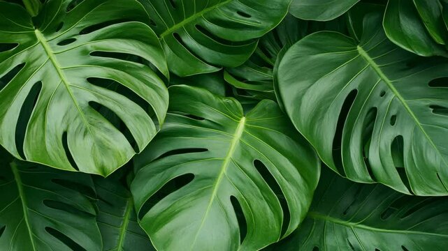 Lush green monstera leaves with natural patterns create vibrant tropical background showcasing natures foliage and plant beauty.