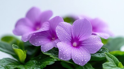 Obraz premium Close-up of three delicate, light purple flowers with water droplets, vibrant green foliage
