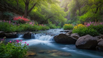 Obraz premium Flowing River Through Lush Green Forest with Wildflower Bloom