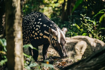 Fototapeta premium A Malayan tapir grazing peacefully in a Malaysian rainforest clearing, its distinctive black-and-white patterned coat shining