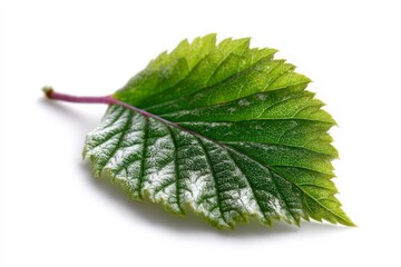 Fototapeta premium Single Green Raspberry Leaf Detail with Serrated Edges on White Background