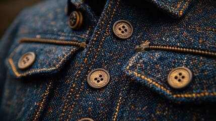 Close-up of Eco-Friendly Buttons and Zipper on a Stylish Blue Tweed Fabric Jacket, Emphasizing Sustainable Fashion and Detailed Te
