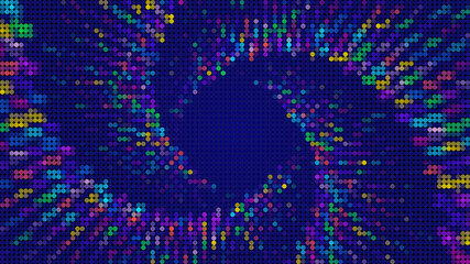 Colorful dots arranged in radiating lines and clusters around a dark blue central area. Abstract background.