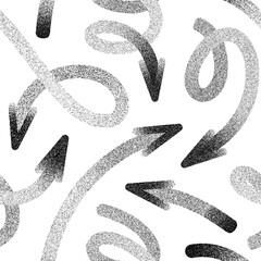 Seamless pattern of chaotic arrangement of textured black arrows pointing in various directions on a white background.