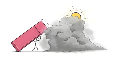 Stick figure erasing pollution cloud with large pink eraser revealing the sun shining through