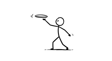 Stick figure throwing a frisbee with simple line drawing on a white background illustration style