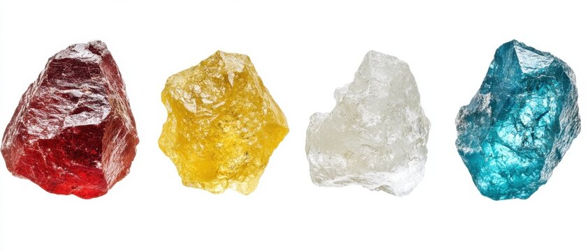 Collection of Raw Gemstones in Red Yellow White and Blue Colors on White Background Close Up Shot for Mineralogy Study