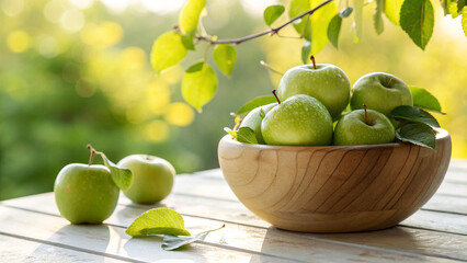 Green Apple in Wooden bowl with water drops on wooden surface in Natural background , Green Apples in Wooden bowl