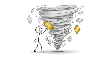 Stick figure facing a tornado of papers with some papers colored in gold on a white background