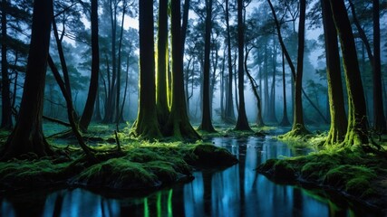 Obraz premium Exploring Mystical Forest Pond with Mossy Trees and Foggy Ambiance