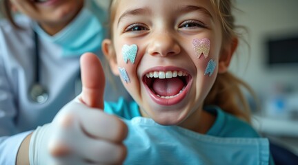 Happy girl at the dentist with tooth stickers giving a thumbs up.