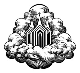 Intricate Engraving of a Church Surrounded by Dramatic Clouds