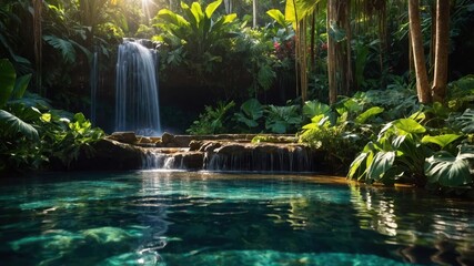 Naklejka premium Waterfall flows into a clear pool surrounded by lush vegetation