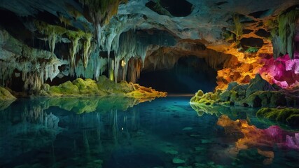 Exploring Underground Cave Pool with Stalactites and Colorful Rock Formations