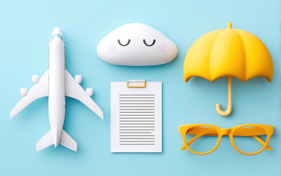 colorful aeroplane rests beside cheerful cloud and bright umbrella, symbolizing importance of insurance for travel safety