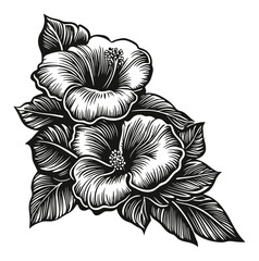 Intricate Black and White Woodcut Floral Design with Hibiscus Flowers