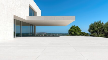 Fototapeta premium Modern minimalist house with expansive terrace overlooking a scenic landscape. 