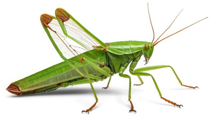 A detailed image of a green grasshopper, showcasing its long legs, wings, and vibrant coloration, highlighting its unique features and natural beauty.