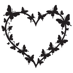 Vector Black silhouettes heart frame with butterfly. with white background
