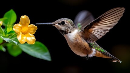 Fototapeta premium Hummingbird in flight near a vibrant yellow flower