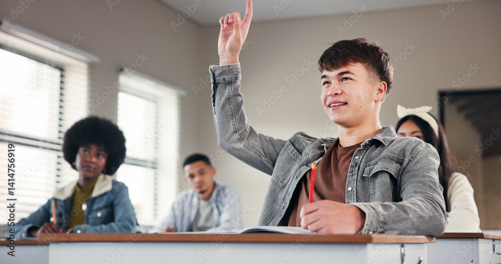 Poster question, hands up and student in classroom with answer for lesson, learning and education. universi