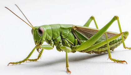 Fototapeta premium A detailed close-up of a green grasshopper, showcasing its intricate body structure and vibrant coloration against a neutral backdrop.