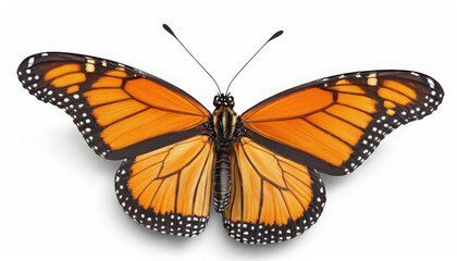 Fototapeta premium A vibrant Monarch butterfly displaying orange and black wings, showcasing intricate patterns and nature's beauty.
