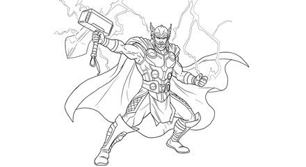 Fototapeta premium High Quality Outline Thor Wielding Mjolnir Mighty Hammer Lightning Bolts Norse God of Thunder Illustration Art