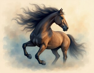 Obraz premium majestic brown horse running in misty field with blue sky