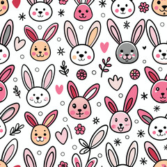 Obraz premium Cute rabbit faces and floral pattern