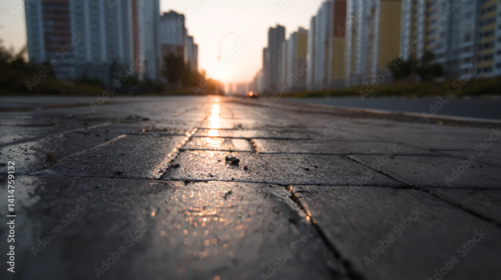 Poster close-up view of wet pavement reflecting sunset light, creating a glistening texture buildings are b