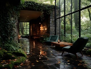 Serene indoor relaxation area surrounded by lush greenery