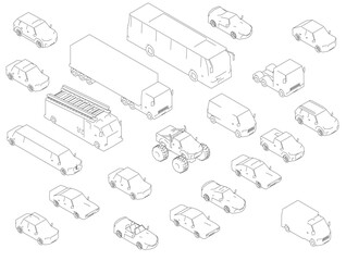 A drawing of a set with many cars and a truck. Vehicles are packed closely together. Isometric view