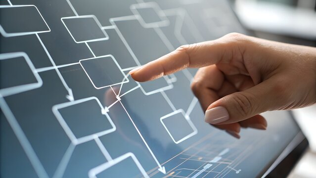 Business process and workflow automation with flowchart. Scheme of hierarchy management of corporate and processing management.