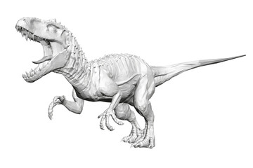 A white dinosaur is shown in a white background. The dinosaur is in a pose that looks like it is about to attack
