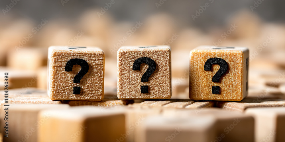 Poster three wooden cubes with black question marks, atop a field of similar cubes, represent inquiry, unce