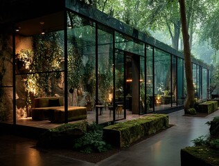 Obraz premium Modern Glass House Surrounded by Lush Green Nature in Forest Setting