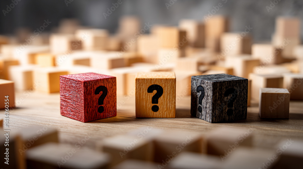 Poster three wooden cubes, red, beige, and gray, each displaying a question mark, rest on a wooden surface 