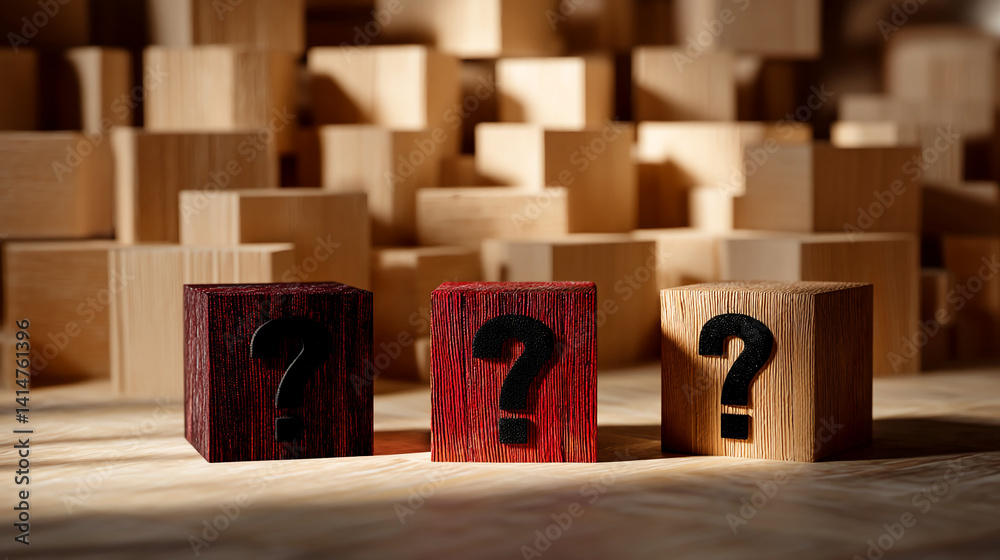 Poster Three wooden cubes with question marks, displayed on a wooden surface against a backdrop of numerous similar cubes, symbolizing uncertainty, choices, or problem-solving