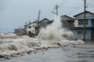 A massive tsunami wave crashing against a coastal town, with buildings partially submerged in water and debris scattered