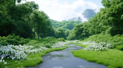 Lush green forest valley with a flowing stream and white flowers.  A serene natural landscape