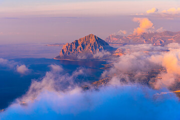 Trapani, Sicily: Sunset view of Monte cofano seen from Erice, Europe travel destination