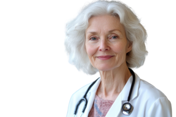Portrait of smiling older senior female professional doctor physician pediatrician wearing white robe with stethoscope around neck standing in modern private clinic hospital, looking at camera.

