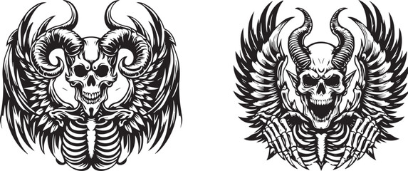 Flying Evil Skull Artwork Haunted, Terrifying Bone Face Design in Grunge Style