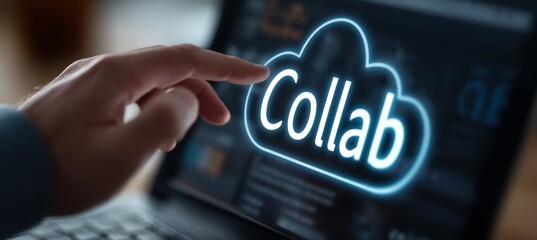 Businessman Utilizing Mobile Device, Pointing To A Virtual Collab in Glowing Outline on Laptop